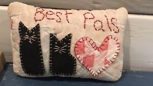 Primitive Best Pals Black Kitty Cats Shelf Pillow Made From Vintage Quilt