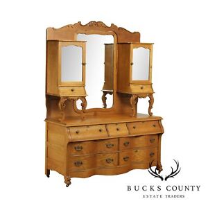 Antique Victorian Oak Unusual Double Dresser Mirror Back