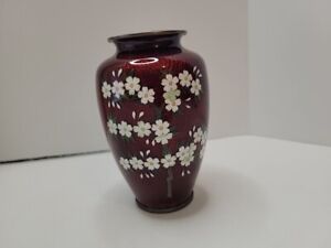 Vintage Japanese Cloisonn Blood Red Floral Vase