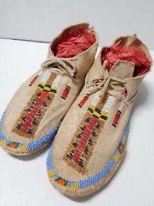 Antique Vintage Arapaho Indian Beaded Brain Tanned Moccasins