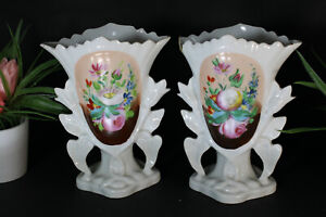Pair Antique Vieux Paris Porcelain Floral Vases