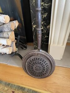 Vintage Antique 1800 S Brass Bed Warming Pan W Wooden Spindle 3 Ft Handle