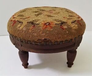 Antique Furniture Victorian Needlepoint Footstool Olive Green Earthy Color