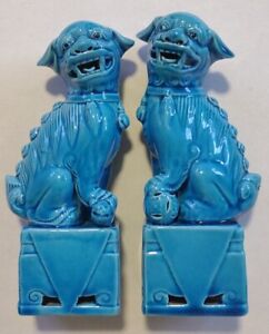 Vintage 1960 Chinese Foo Dog Lion Temple Pair Blue Turquoise Porcelain Antique