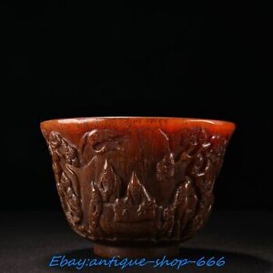 Chinese Dynasty Ox Horn Bamboo Forest Seven Sages Rhinoceros Tea Cup Bowl Bowls