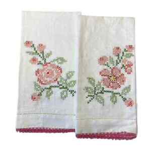 Vintage 1970 Linen Handmade Floral Cross Stitch Tatting Kitchen Tea Towel Set