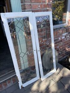 Sg 4281 Pair Antique Painted Leaded Glass Cabinet Doors 32 X 47 75