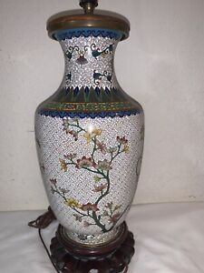 Antique Chinese Cloisonne Vase Lamp With Wood Base