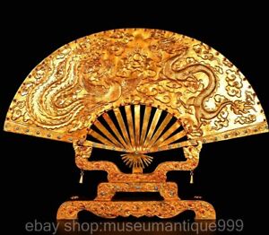 24 Old Chinese Copper Inlay Gems Gilt Dynasty Dragon Phoenix Treasure Fan