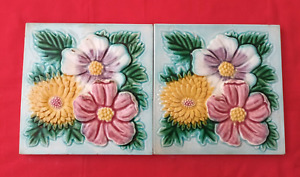 2 Piece Old Art Embossed Flower Design Majolica Ceramic Tiles Japan 0074