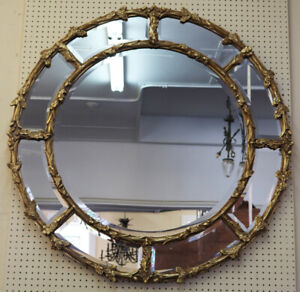 Stunning Large Gold Gilt Wood Beveled Round Hanging Mirror
