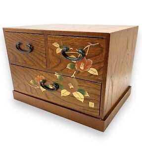 Japanese Small Wooden Chest Three Drawer Camellia Japonica