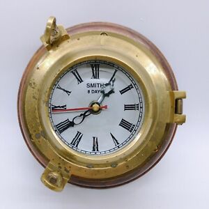 Vintage Smith 8 Day Porthole Clock Brass Beveled Glass Wood 7 Diameter