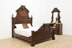 Victorian Antique Walnut 2 Pc Queen Size Bedroom Set Marble 47824