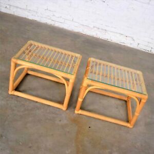 Vintage Modern Pair Of Rattan Rectangular Side Tables Or End Tables W Glass Top