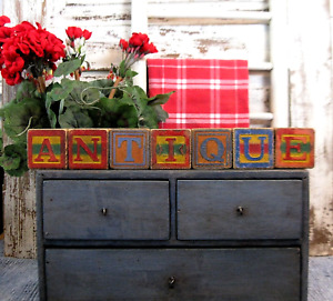 Antique Wood Toy Alphabet Blocks Original Blue Red Paint Spell Antique