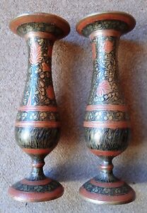 Pair Fine Antique Enamelled Brass Vases Middle Eastern Unusual Red Black
