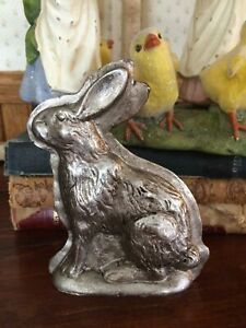 Primitive Vtg Tin Style Faux Easter Bunny Rabbit Silver Resin Chocolate Mold