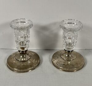Vintage Pair Of Hawkes Sterling Silver Crystal Candlestick Holders 34 Pwts