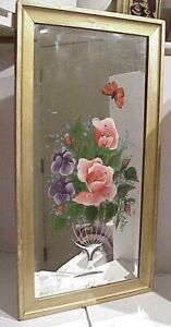 Antique Victorian Etched Reverse Painted Floral Picture On Beveled Wall Mirror