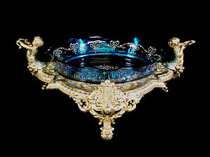 Exquisite Cut Glass Enameled Centerpiece Bowl Silver Plated Cherub Stand 1880