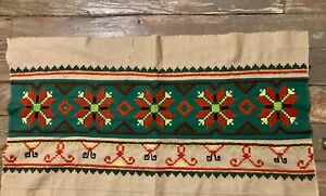 Vtg Salvaged Primitive Embroidery Linen Poinsettia Cottage Farmhouse Folk Art