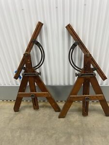 Rare Antique Adjustable Industrial Oak And Iron Drafting Table Legs Only No Top