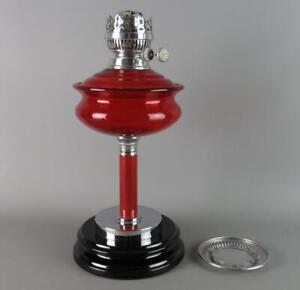 Antique Art Deco Falk Stadelmann Chrome Ruby Red Glass Duplex Oil Lamp