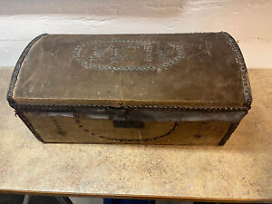 19th Century Hide Covered Stagecoach Box Trunk W Brass Tacks Iron Hardware
