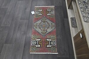 Oushak Turkish Doormat Rug 1x3 Red Vintage Anatolian Handmade Small Kilim Rug