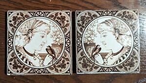 Set Of Two Antique Tiles Lady With Songbird