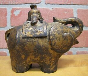 Elephant Old Cast Iron Incense Burner Stylized Decorative Art Trunk Up Gold