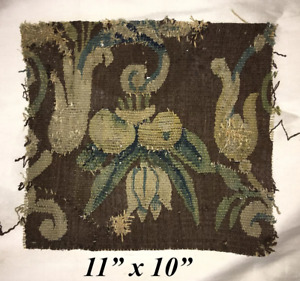 Antique Verdure Flemish Tapestry Fragment For Throw Pillow 11 X 10 C 1600s