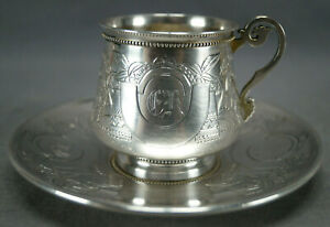 Karl Faberge Moscow Russian Silver Monogrammed Floral Coffee Cup Saucer C 1887