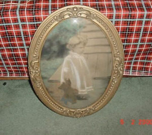 Antique Little Girl Steiff Teddy Bear In Gold Ornate Wooden Picture Frame