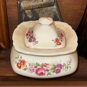 Vintage Antique Stained And Crazed Ironstone Floral Antique Farmhouse Sugar Bowl