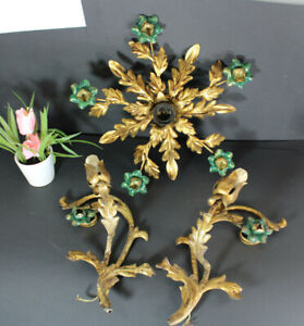 Vintage Set 1970 Italian Metal Gold Gilt Green Flowers Lamp Chandelier Sconces