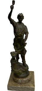 Antique German Spelter Blacksmith Sculpture Statue 12 Iron Worker Marble Base