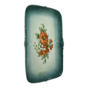 Antique Hand Painted Dresser Tray Vanity Flower Floral Green Orange Porcelain