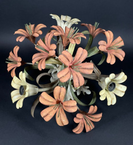1960s Italian Painted Tole Flush Mount Lily Floral 3 Socket Light Fixture