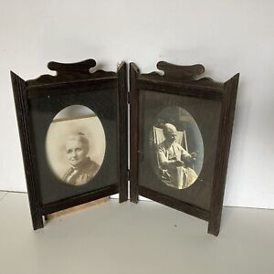 Antique Double Folding Wood Picture Frame Damaged With Two Old Photographs
