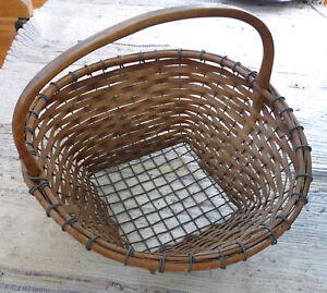 Antique New England Clam Basket Oak Splint Wire Garden Cape Cod Gathering