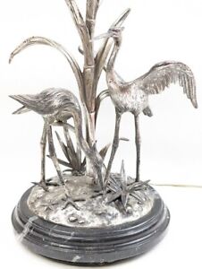 Antique Figural Crane Heron Silver Plated On Bronze Table Lamp Signed S Agudo