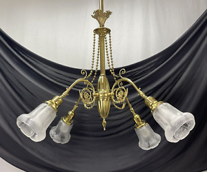 Restored Antique Vtg Victorian 4 Arm Ornate Brass Chandelier Art Deco Edwardian