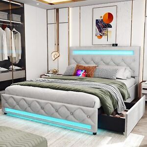 Full Queen Led Bed Frame Upholstered Platform Bed With Storage Drawers Headboard