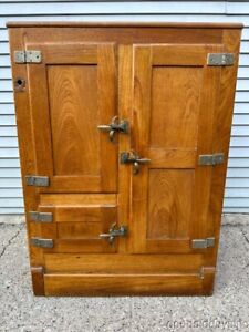 Antique Ice Box Small Ash Oak 3 Door Storage Chest Bar 44 X 33 