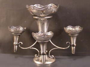 19 C Antique Silver Reticulated Epergne Trumpet Flower Vase Centerpiece Stand Lg