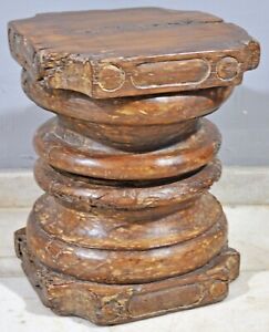 Antique Wooden Heavy Pillar Base Small Stool Side Table Original Old Hand Carved