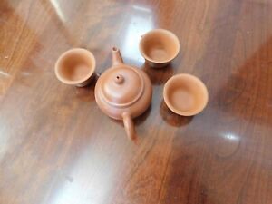 Small Antique Chinese Hand Carved Flowers Zisha Tea Pot W 3 Cups