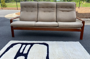 Danish Three Seat Teak Sofa In Original Wool Fabric Mid Century Modern